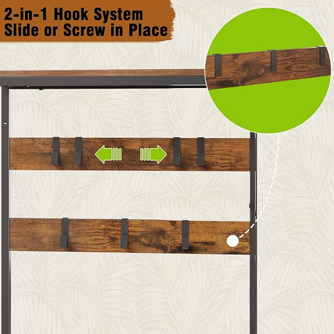 Hall Tree with Shoe Storage Bench Coat Rack with 7 Hooks Interchangeable 4 Tier Side Storage Shelves Small Cute Side Bench Industrial 5-in-1 Entryway Coat Rack for Hallway Mudroom Bedroom