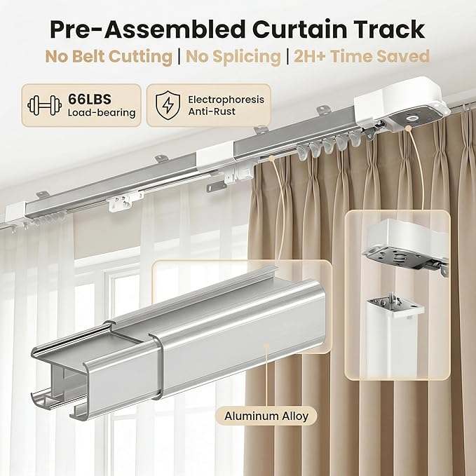 Pre-Assembled Telescopic Smart Curtain Track, No Splicing/Cutting, AC Plug-in WiFi Motor (No Hub Required), Ceiling/Wall Mount, Tuya/Remote Control, Works with Alexa & Google Assistant (91"-158")