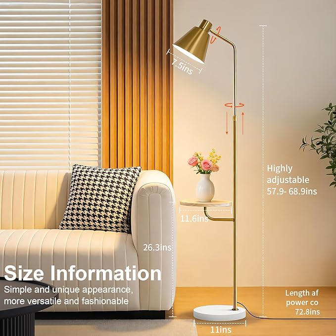 Gold Brushed Floor Lamp with Side Table for Living Room Bedroom, Modern Standing Lamp 12W LED 3-Color Dimmable 3000K/4500K/6500K, Adjustable Gooseneck Reading Light with Wood Shelf for Office Corner