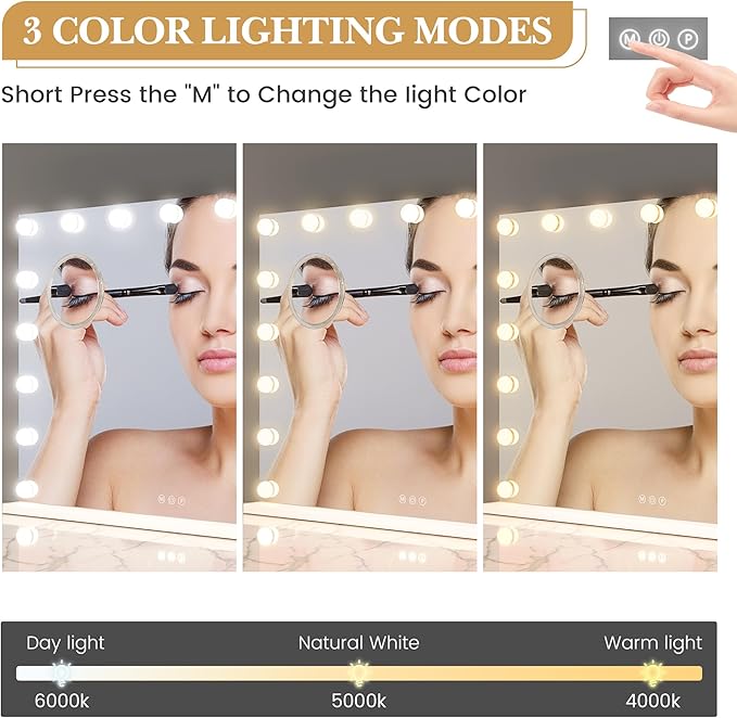 IDEALHOUSE Vanity Mirror with Lights, 32''x24'' Tabletop LED Makeup Mirror, 3 Color Lighting Modes, USB Charging Port Touch Control, Detachable 3X Magnification Mirror, Tabletop or Wall-Mounted