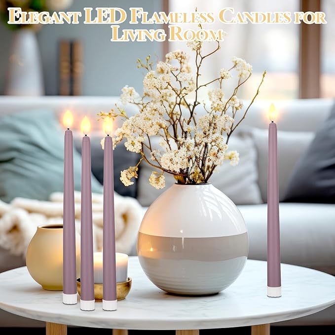 Macarrie 24 Packs Flameless Taper Candles Battery Operated Fake 11 Inch Long Candlelight LED Flameless Candlesticks Flickering Tapered for Spring Summer Wedding(Light Purple)