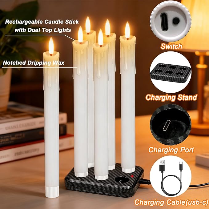 Rechargeable Flameless Taper Candles with Charging Station & Remote Timer, 6 Pcs Real Wax LED Taper Candles, Battery Operated Candlesticks for Home Wedding Christmas Decorations (White)