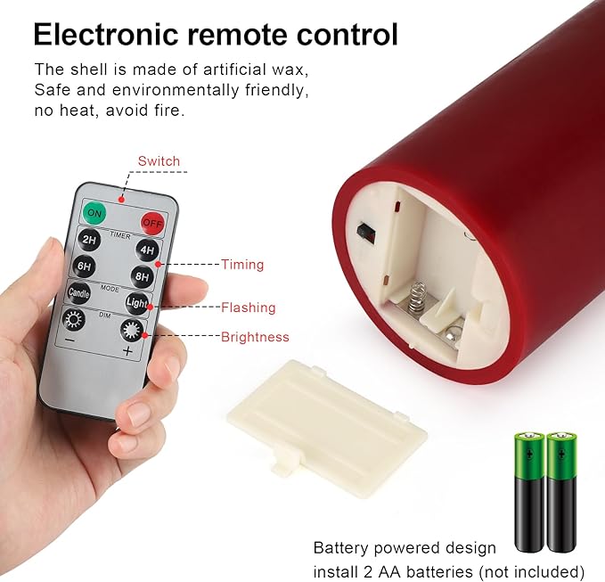 7” x 3” Flameless Candles, Flickering Moving Flame LED Candles, Battery Operated Candles with Remote and Timers, Burgundy, Set of 2