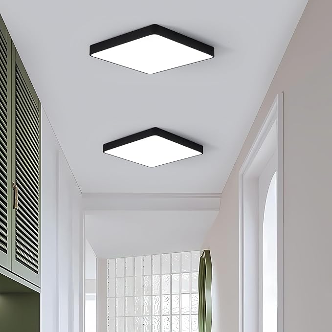 Ganeed 12 Inch 24W Flush Mount Square LED Ceiling Light, 6500K Cool White Flush Mount Light Fixture, 1440LM Bright Flat Ceiling Light Fixtures for Bedroom, Living Room, Hallway (Black-2 Pack)