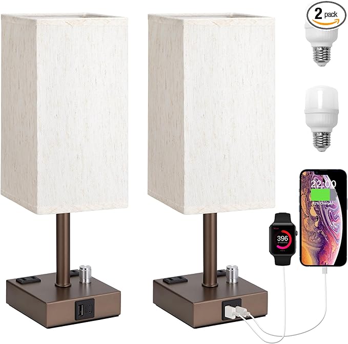 aooshine Brown Fully Dimmable Nightstand Lamps Set of 2 - Table Bedside Lamp with USB C+A Charging Ports & 2 AC Outlets, Square Lamp Sets Linen Fabric Shade for Bedroom (Bulb Included)