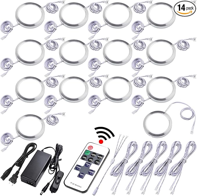 Under Cabinet Lighting Kit, Curio Display Case Lighting, Dimmable Wireless RF Remote Control, Linkable Wired LED Puck Lights, AC120V to DC12V, Hardwired or Wall Plug, Daylight, 14 Lights