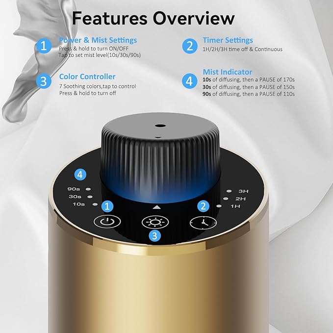 Waterless Essential Oil Diffuser Aromatherapy Scent Diffusers for Home Large Room, Bedroom, Car, Office, Desk, Battery Operated Mini Portable Air Freshener, 3 Countdown Timers & 3 Mist Levels, Gold