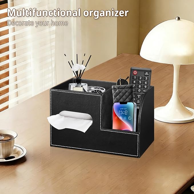 Leather Square Tissue Box Cover with Storage Tray,Cube Tissue Box Holder,Modern Facial Paper Organizer with Remote Control Holder for Bathroom,Vanity Countertop,End Table NightStand Home Office.Black