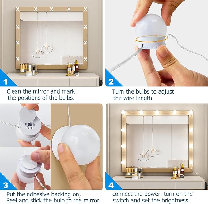 LED Vanity Lights - Adjustable Color Temp & Brightness,14 Dimmable Bulbs for Dressing Mirror Lighting