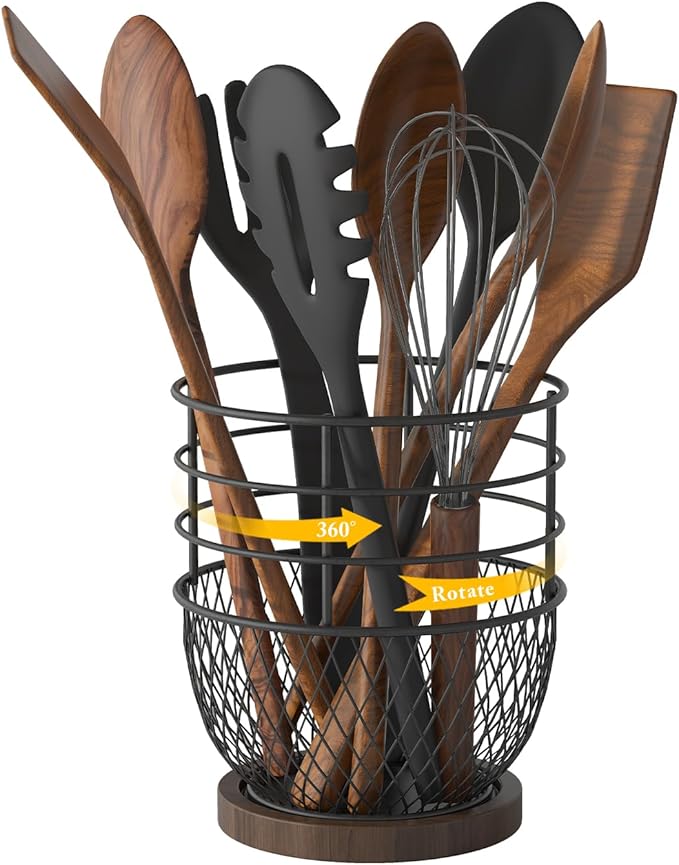 SODSAI 360° Rotating Utensil Holder with Premium Wooden Base, Large Iron Kitchen Organizer for Countertop, Farmhouse & Modern Style Kitchen Storage Basket