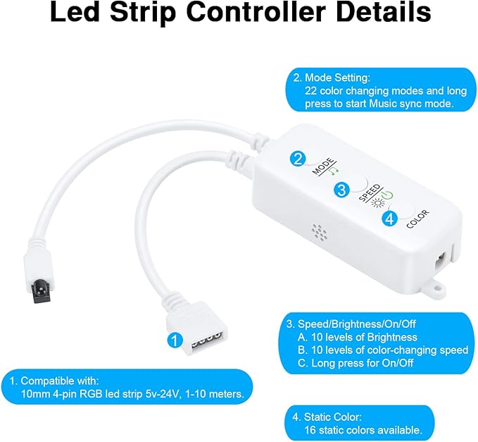RGB LED Strip Light Controller, with APP, Music Sync and IR Remote, with Unlimited Colors and Pin Modify Feature Compatible with 5V-24V All 4-pin 10mm RGB LED Strip via Bluetooth Connection