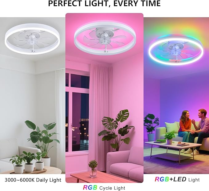 STERREN 15.7" RGB Ceiling Fan with Light, Modern Flush Mount Bladeless Ceiling Fans, Low Profile Ceiling Fan with Remote,Small White Fandelier Chandelier for Bedroom Living Room