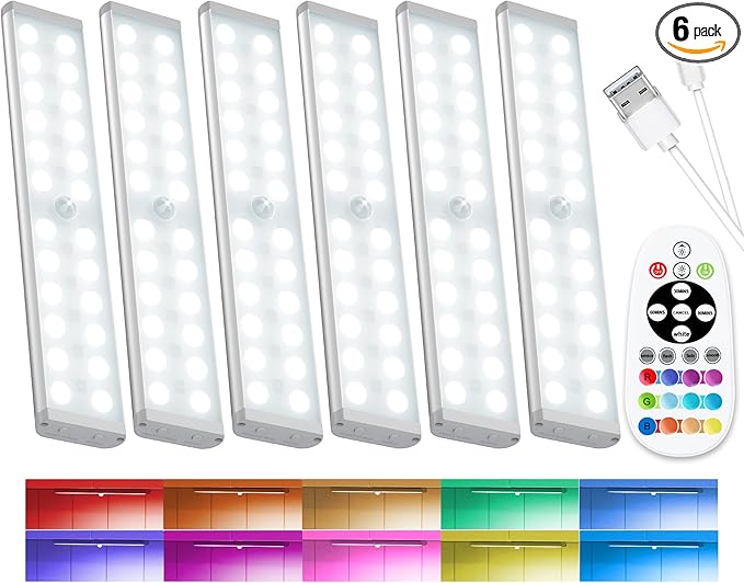 SZOKLED 58-LED Motion Sensor Under Cabinet Lights Wireless, RGB Closet Light Night Lights Remote, 1100mAh Rechargeable Under Cabinet Lighting Counter Lights for Indoor Kitchen, Stair (6 Packs)
