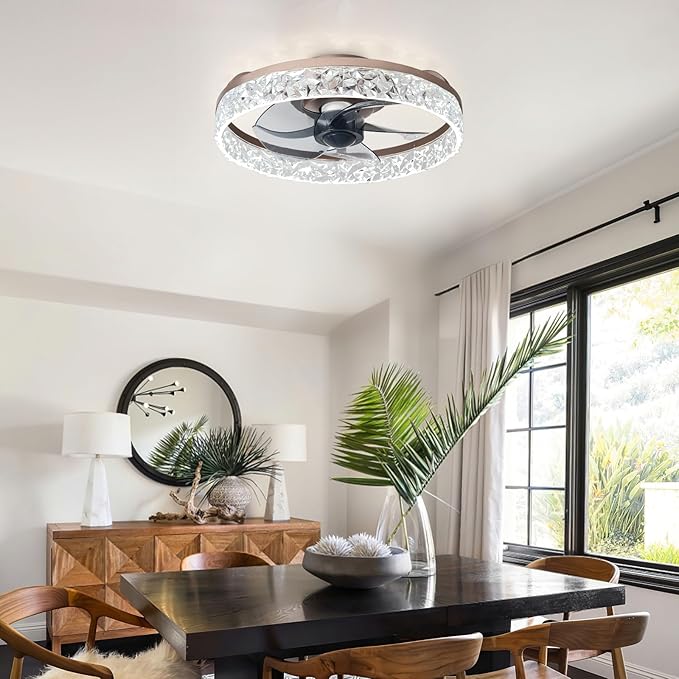 Depuley Ceiling Fans with Lights and Remote: 16" Modern Low Profile Flush Mount Ceiling Fan with App Remote Control - Brown Fandelier for Bedroom Living Room Kitchen Dimmable Quiet DC Motor