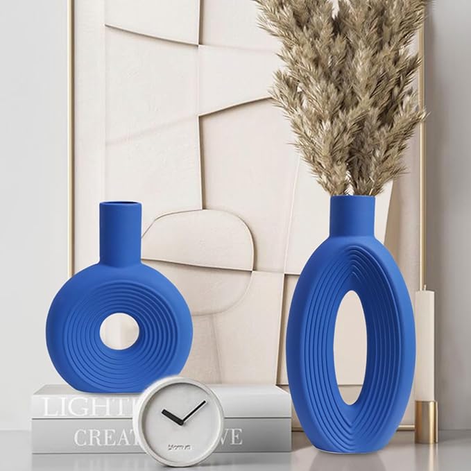 Ceramic Vase - Set of 2 for Home Decor, Pampas Vases Minimalist Nordic Boho Style for Modern Farmhouse Decor, Living Room、 Kitchen、Mantle、Bedroom、Dining Table、Office