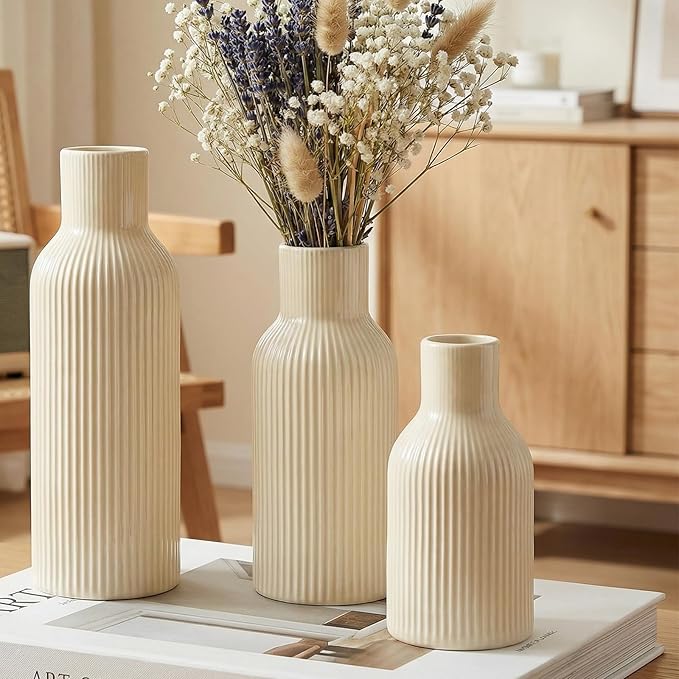 3-Piece Glossy Beige Ceramic Vase Set with Vertical Lines, Minimalist Solid Color Design, Decorative Vases for Shelf, Mantel & Tabletop, Assorted Sizes (9.8"/7.8"/5.9" H)
