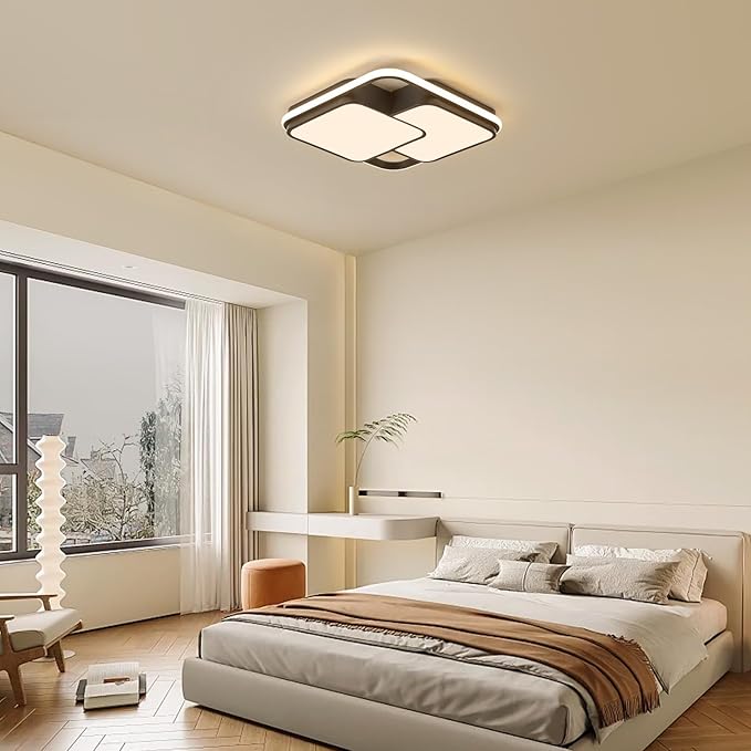 Modern LED Ceiling Light Fixture, 15.7in Dimmable Black Square Flush Mount Ceiling Lights with Remote, Bedroom Ceiling Lamp LED Chandelier for Living Room Kitchen Hallway Laundry, 60W