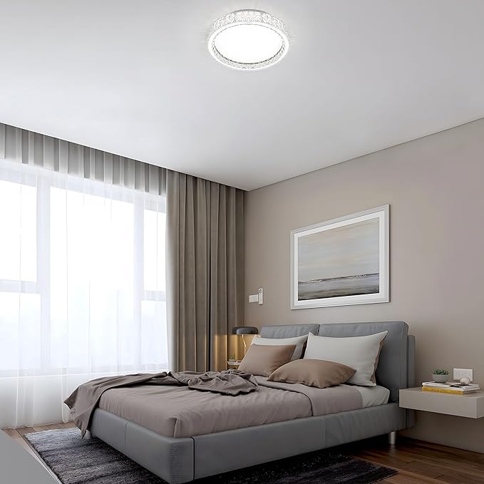 Krychiler 17.7" Bright Crystal Flush Mount Ceiling Lights, Dimmable LED Modern Close to Ceiling Lighting Fixture, Chrome Hallway Round Chandelier for Bedroom Kitchen Bathroom Foyer Living Dining Room