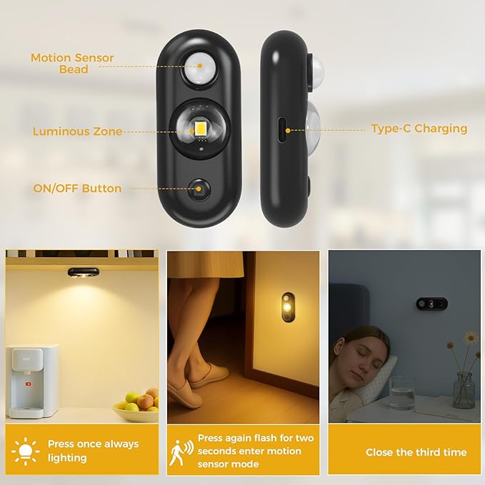 LED Motion Sensor Puck Lights, Small Rechargeable Under Cabinet Light, Dimmable Warm White Closet Lights, Wireless Under Cabinet Lighting for Drawer, Kitchen (8 Pack, Black)