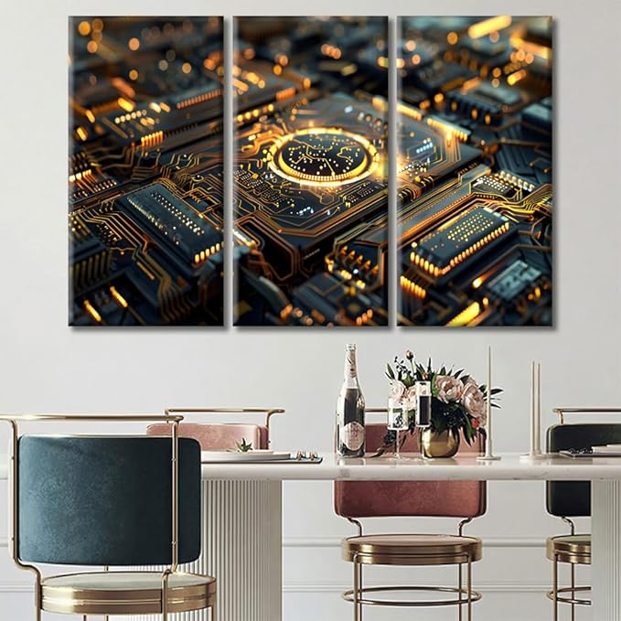 Processor Design Wall Art 3 Panels Motherboard Digital Chip Canvas Prints Painting for Living Room Bedroom Kitchen Home and Office Wall Decor Home Decor Ready to Hang 60"Wx40"H