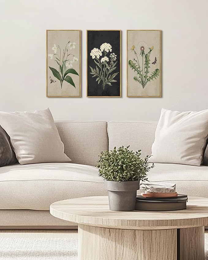 KUVIOKE Vintage Botanical Wall Decor Wild Flowers Artwork Framed Wall Art Ready to Hang Hallway Home Office 8x16in3pcs Natural Framed