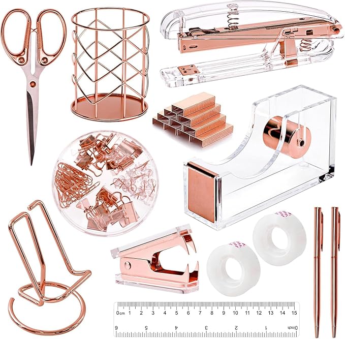 suniya Office Supplies,Desk Accessories,with Stapler,Tape Dispenser,Pen Holder Cup for Desk,Staple Remover,Scissor,Ballpoint Pen,Clear Tape, Staples,Phone Stand,Ruler,Binder,Best Gift Set(Rose Gold)