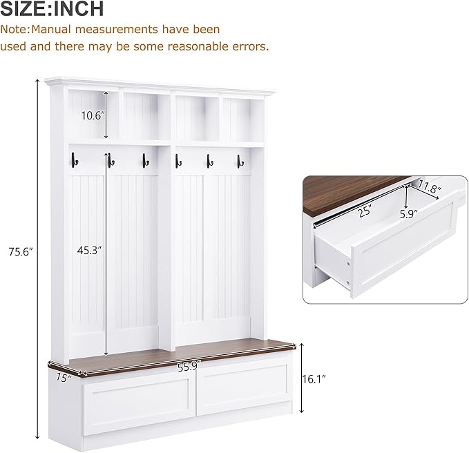 LUMISOL Farmhouse Hall Tree with Storage Bench for Entryway, 4-in-1 Hallway Coat Rack with 6 Hanging Hooks, Shoe Cabinet with Open Compartments and 2 Large Drawer, for Mudroom, White