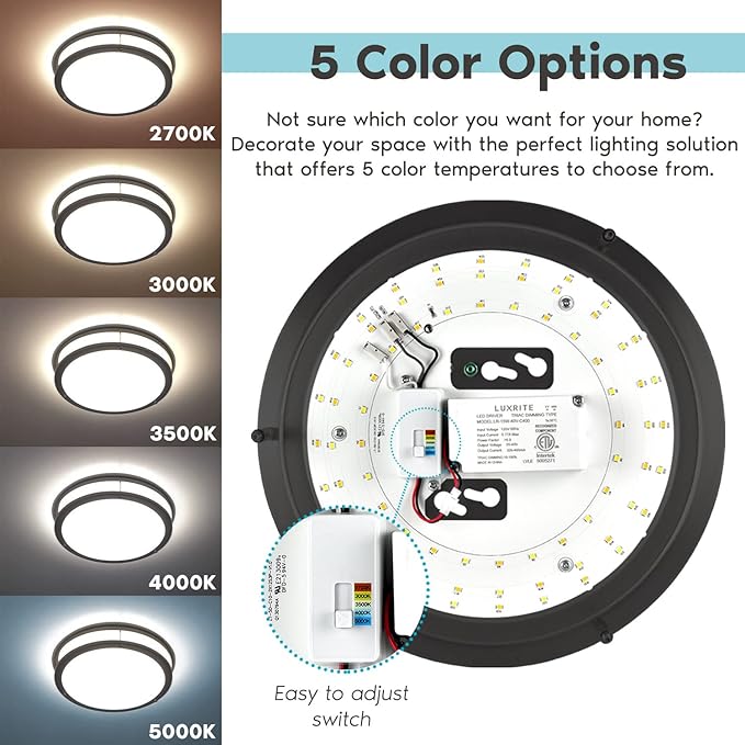 LUXRITE 14 Inch LED Flush Mount Ceiling Light, 5 Color Selectable 2700K | 3000K | 3500K | 4000K | 5000K, Dimmable, Modern Ceiling Light Fixture, 18W, 1440 Lumens, Energy Star, ETL Listed, Matte Black