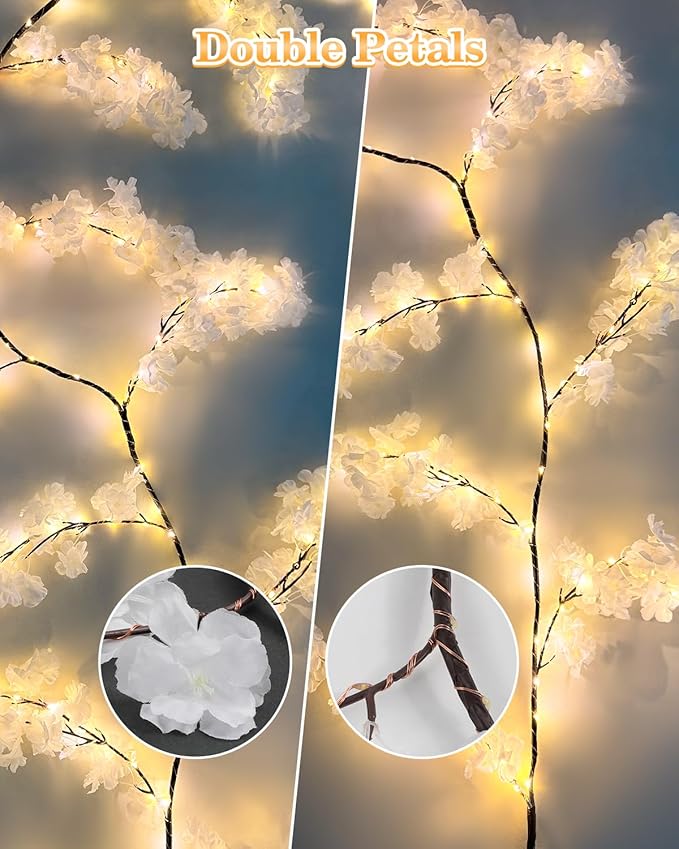 GOESWELL Cherry Blossom Tree Lights for Wall: 7.9FT Lighted Garland for Room and Home Decor - Plug or Battery Operated Artificial Flower Vines for Mantle Fireplace Wedding Party Indoor Outdoor