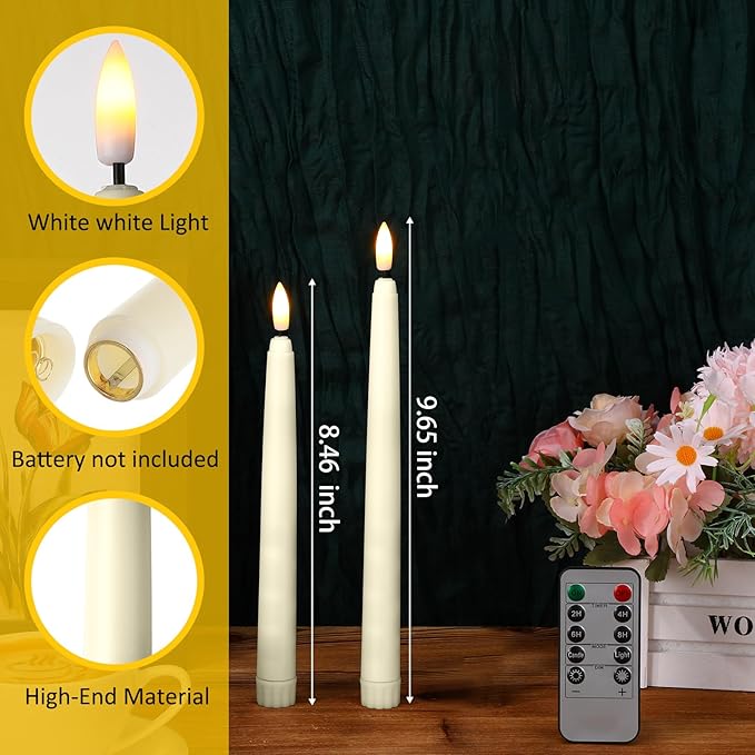 Reginary 48 Pcs Flameless Taper Candles with 4 Remote, Battery Operated Flickering Flameless Taper Candles 3D Wick Fire LED Faux Wax Lights for Wedding Christmas Holiday(Ivory,8.46 Inches)