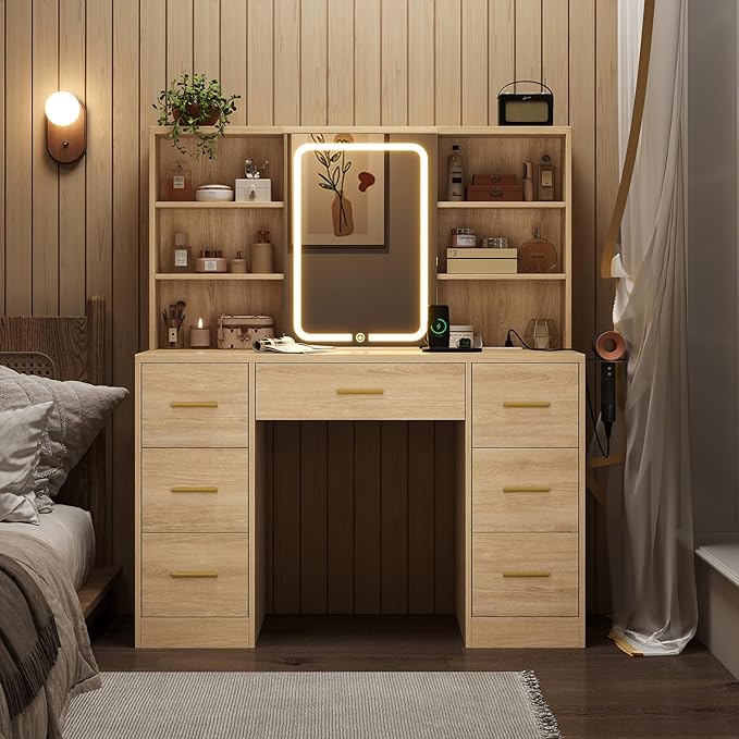 47'' W Large Vanity Desk with Mirror and Lights, 8 Storage Shelves 7 Drawers Vanity Table, Big Makeup Vanity Desk with 3 Lighting Modes, Vanity Dresser with Charging Station, Sliding Mirror (Natural)