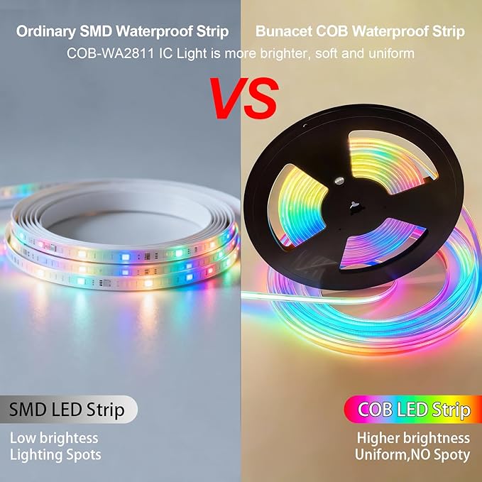 40ft COB RGB+IC LED Strip Lights, Bright Dream Color COB LED Light Strip with RF Remote App Control Music Sync Color Changing for Garden Outdoor Home Decor Pool Patio Party DIY Decoration-1 Roll
