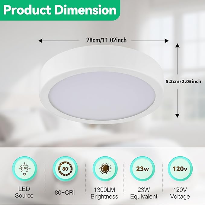 11" LED Flush Mount Ceiling Light, White Modern Ceiling Light Fixture with 5CCT 2700K-5000K, Dimmable LED Light Fixtures Ceiling Mount for Kitchen Bathroom Bedroom Hallway