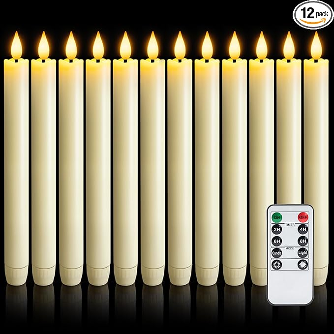12 Pcs Flameless Taper Candles with Remote Timer Dimmer, 9.6 inches Ivory Plastic LED Candlesticks, Battery Operated Led Warm Light Window Candles, for Wedding Home Christmas Decoration