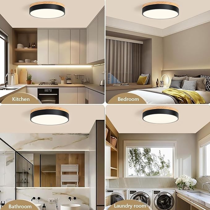 Modern Wood Flush Mount Ceiling Light, Black LED 5CCT 2700K-6000K Dimmable Ceiling Light Fixtures, Round Close to Lighting Fixture for Kitchen Entryway Hallway Bedroom Laundry Room-11.8in