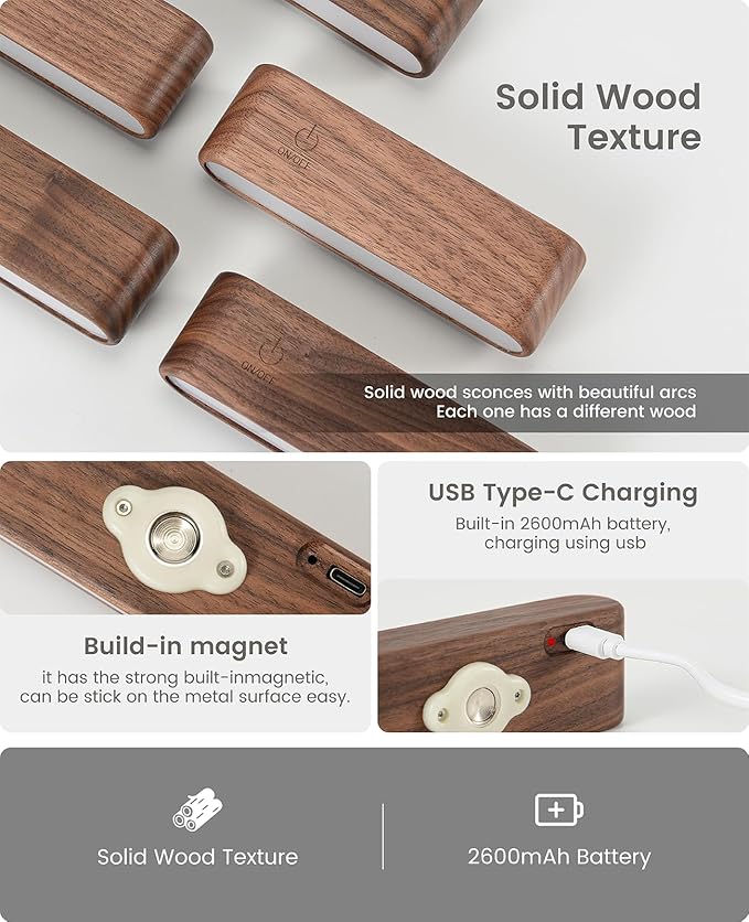 Wood LED Wall Sconce Magnetic 360°Rotate Wall Mounted Lamp Brightness Adjustable Night Lights Rechargeable Battery Powered Reading Light for Bedside Hallway Living Room (1 Pack Black Walnut)