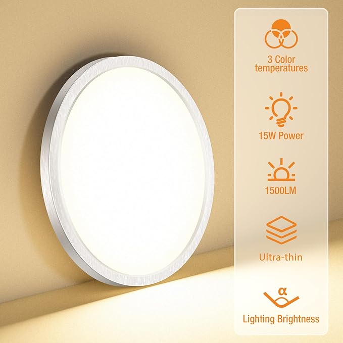 8PACK LED Flush Mount Ceiling Light Fixture, 3000K-4000K-6500K & 100W Equivalent Modern Kitchen Recessed Ceiling Lamp 15W 1500Lm 7.5 Inch Closet Round Surface for Bathroom Laundry-Brushed Nickel