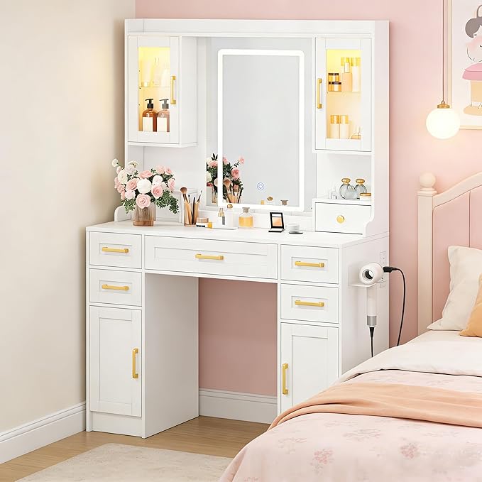 NUNU LAB Large White Vanity Desk with Mirror and Lights with 7 Drawers, Women Makeup Table with Power Outlet, 3-Color Adjustable Lighting for Bedroom Brown