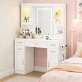 NUNU LAB Large White Vanity Desk with Mirror and Lights with 7 Drawers, Women Makeup Table with Power Outlet, 3-Color Adjustable Lighting for Bedroom Brown