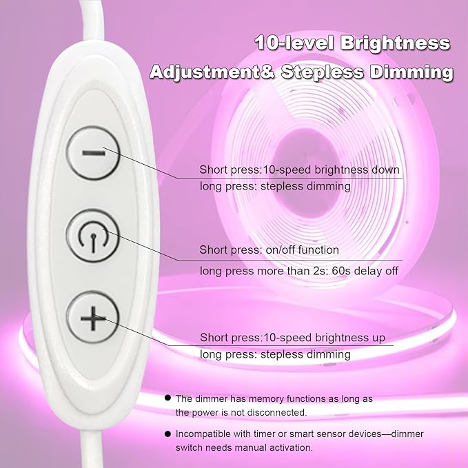 Pink LED Strip Lights USB 5V 4.9ft Small Dimmable COB Light Strip with USB Dimmer Switch for Bedroom/Gaming Setup/DIY Crafts/TV Backlighting/Indoor Ambiance Decor
