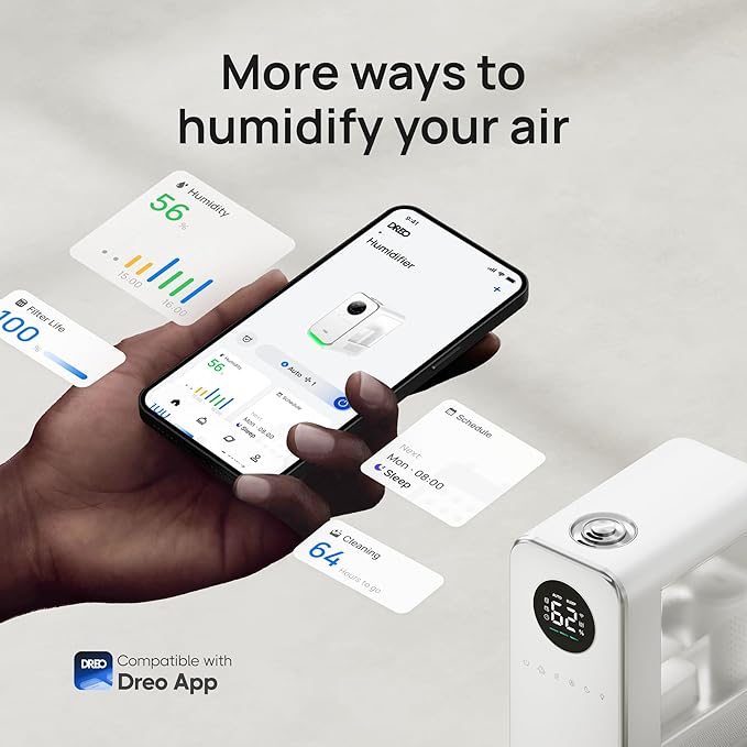 DREO Humidifiers for Bedroom, Top-filled Smart Quiet Cool Mist Humidifier for Large Room, 50 Hours Runtime for Home, Indoor Plants, Oil Diffuser & Nightlight for Baby Nusery, 5L, with Alexa/Google