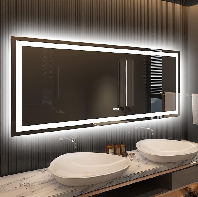 Amorho LED Bathroom Mirror, 60" X28" Front-lit + Backlight Mirror for Wall, Dimmable Vanity Mirrors, Anti-Fog, Memory, 3 Colors Lighting, Shatterproof, ETL Listed