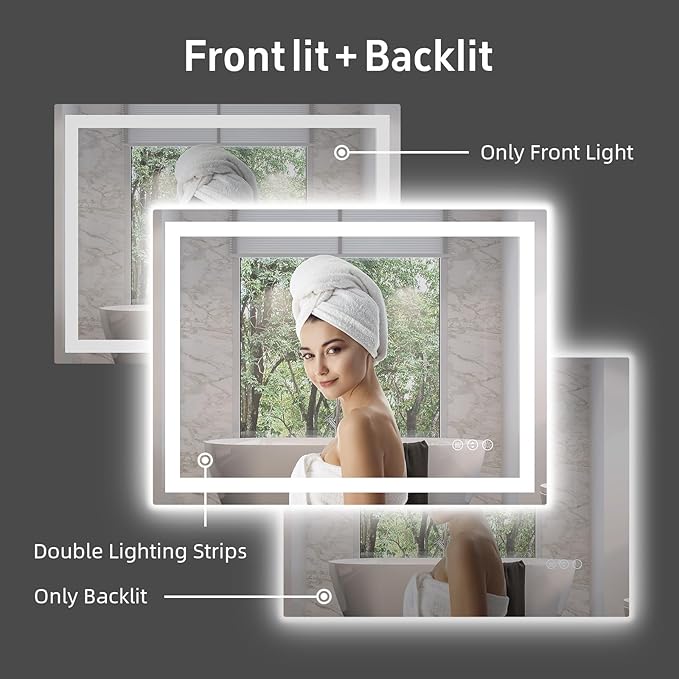 36"x 36" LED Bathroom Mirror with Lights, Double Lighting Sources Dimmable, LED Mirror for Bathroom, Anti-Fog, Lighted Bathroom Vanity Mirror for Wall, ETL Listed, Tempered Glass(Horizontal/Vertical)