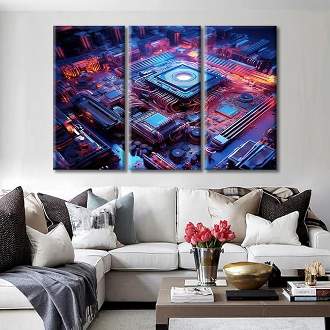 Wall Art for Living Room Modern CPU Card with Circuit and Colorful Lights Wall Paintings Chip Pictures Posters & Prints 3 Panels Modern Artwork Ready to Hang for Bedroom Office 60"Wx40"H