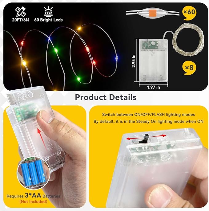 LitHome 8 Pack Multicolor Fairy Lights Battery Operated, 20 FT 60 LED Twinkle Lights Battery Operated 2 Modes, Waterproof Led Fairy String Light for Indoor Outdoor Christmas Wedding Bedroom Decor