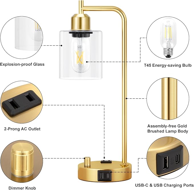 Innqoo Industrial Table Lamp for Bedroom Set of 2 - Fully Dimmable Bedside Lamps with USB Ports and Outlet, Gold Nightstand Lamps with Clear Glass Shade for Living Room, Desk Lamps for Office Reading
