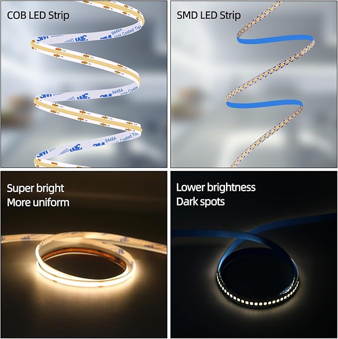 LED Strip Lights 24V COB LED Warm 3000K Super Bright LED Strip 16.4ft 5M Dotless High Density 14W/m, 8mm Width Cuttable Flexible for Home DIY COB LED Commercial Lighting Projects (No Power Supply)