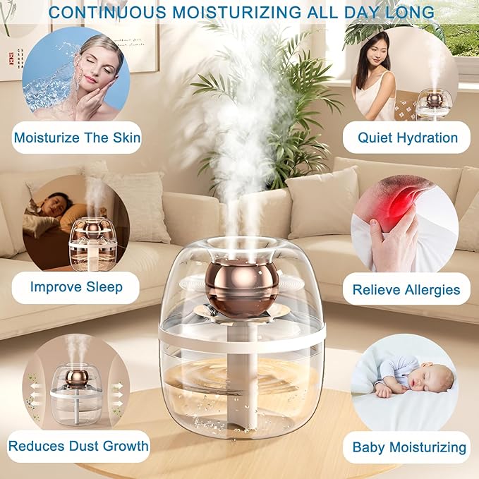 JINGYAN 3L Ultrasonic Cool Mist Humidifier - Transparent Tank, Easy to Clean, Dual Spray for 20H Quiet Mist Time, Night Light, Auto Shut-Off for Large Bedroom, Office, Plant Care (Pink)