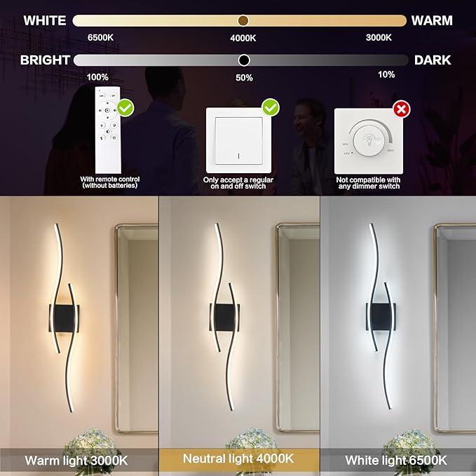 Modern Wall Scones Lighting 31.5inch LED Dimmable Bedroom Wall Sconces with Remote Black Bathroom Vanity Lights Fixture for Living Room Hallway
