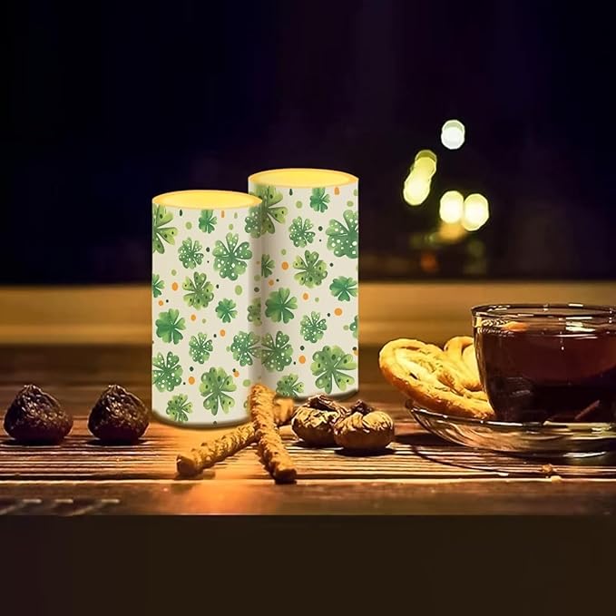 Lucky Leaves Flameless Candles St Patricks Day Candles Battery Operated Candles with Remote Control Color Changing LED Pillar Candles for Dining Room Bedroom Home Decorations